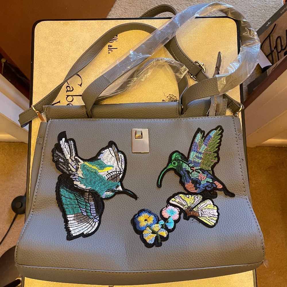 Hummingbird Appliqué Grey Shoulder Handbag. NWOT.